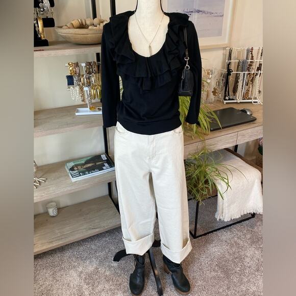 Lauren Ralph Lauren ruffle neck Black sweater Silk and Cotton Blend Size Small - Picture 2 of 13